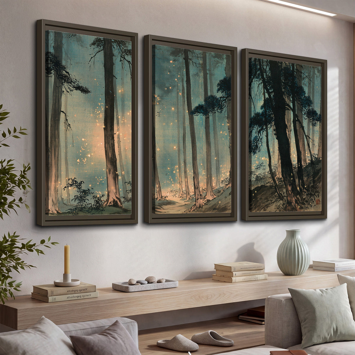 Warm shafts of light falling between tall dark pine trees in a misty green forest 3 piece framed canvas wall art displayed in a console