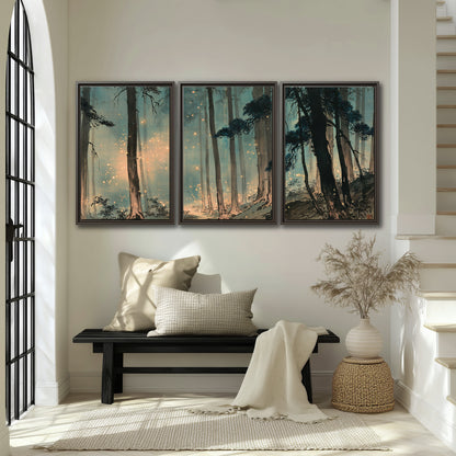 Warm shafts of light falling between tall dark pine trees in a misty green forest 3 piece framed canvas wall art displayed in a entryway