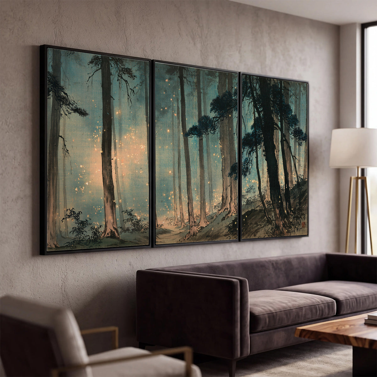 Warm shafts of light falling between tall dark pine trees in a misty green forest 3 piece framed canvas wall art displayed in a modern living room