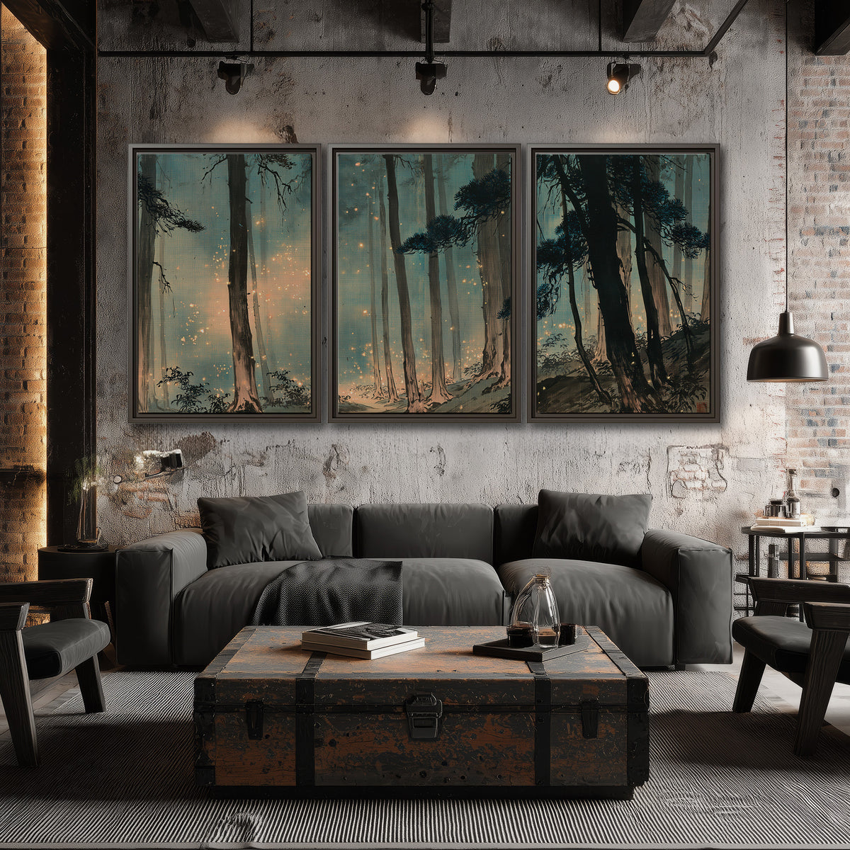 Warm shafts of light falling between tall dark pine trees in a misty green forest 3 piece framed canvas wall art displayed in a industrial room