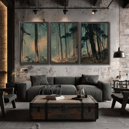 Warm shafts of light falling between tall dark pine trees in a misty green forest 3 piece framed canvas wall art displayed in a industrial room