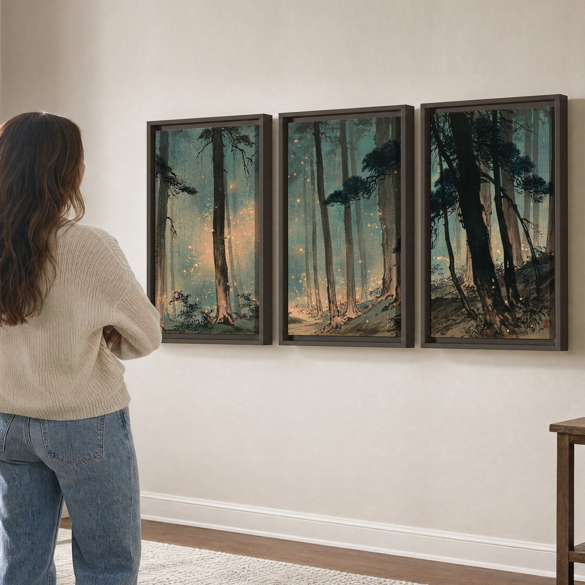 Warm shafts of light falling between tall dark pine trees in a misty green forest 3 piece framed canvas wall art three panel arrangement on a wall