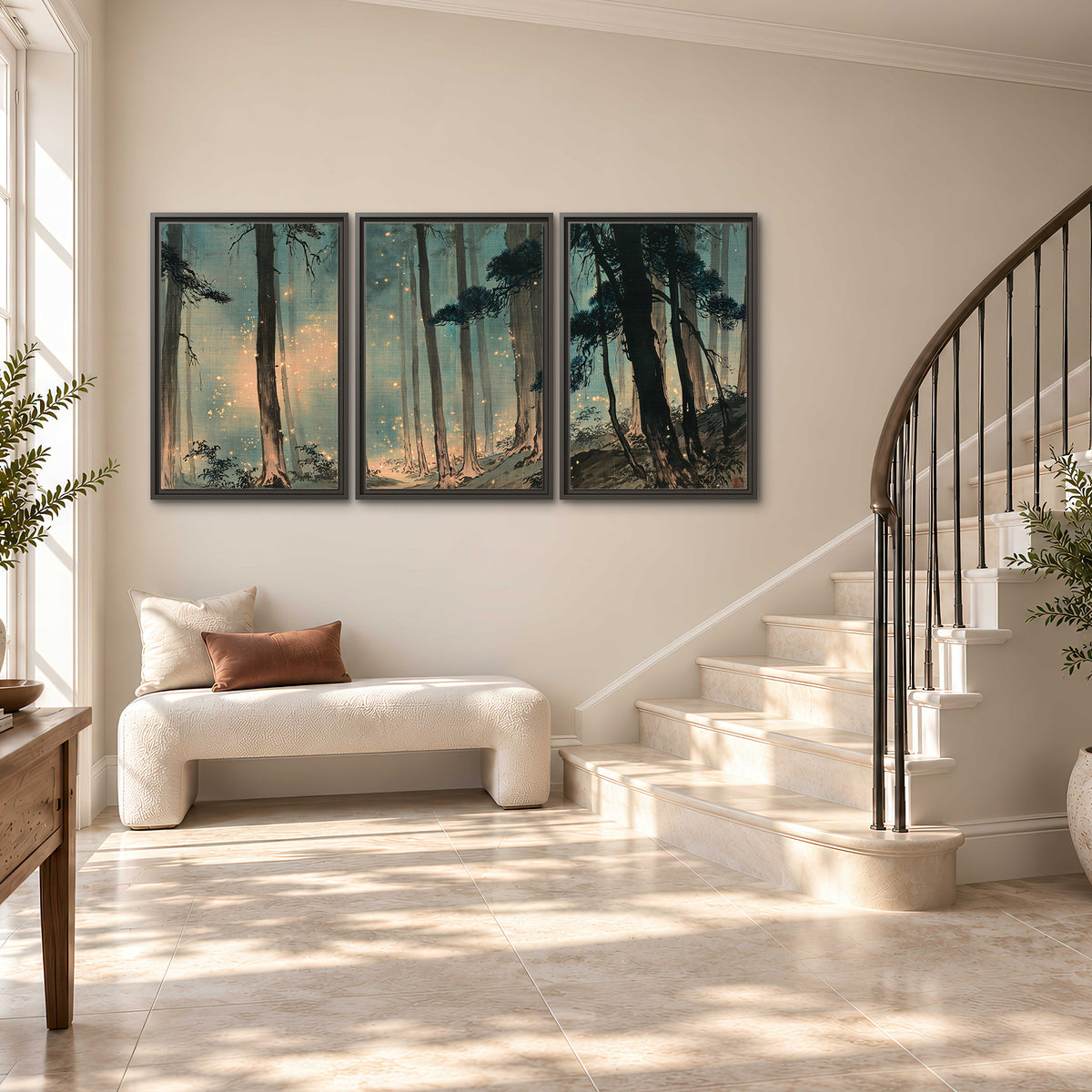 Warm shafts of light falling between tall dark pine trees in a misty green forest 3 piece framed canvas wall art styled in an interior