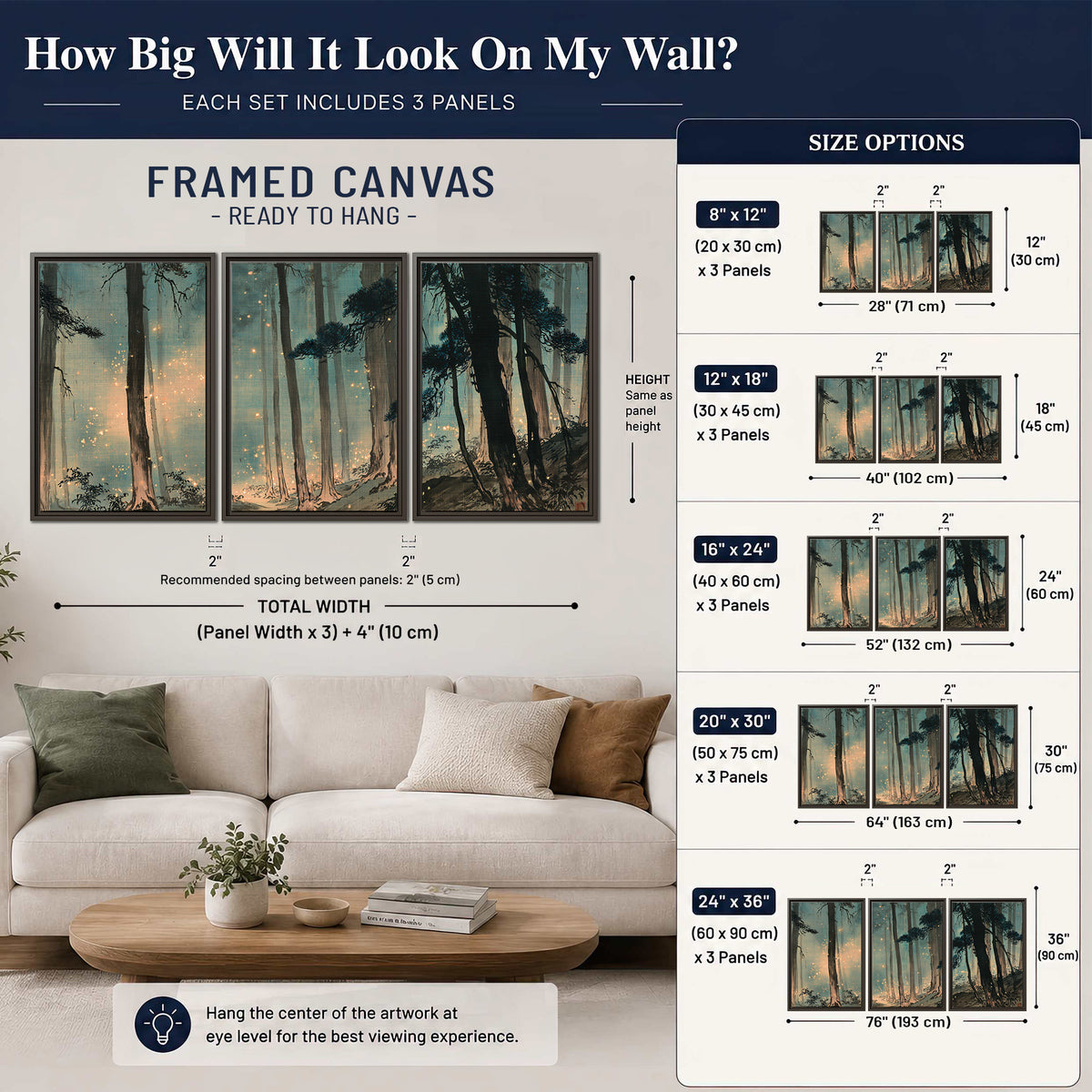 Warm shafts of light falling between tall dark pine trees in a misty green forest 3 piece framed canvas wall art size guide above a sofa; room view is illustrative