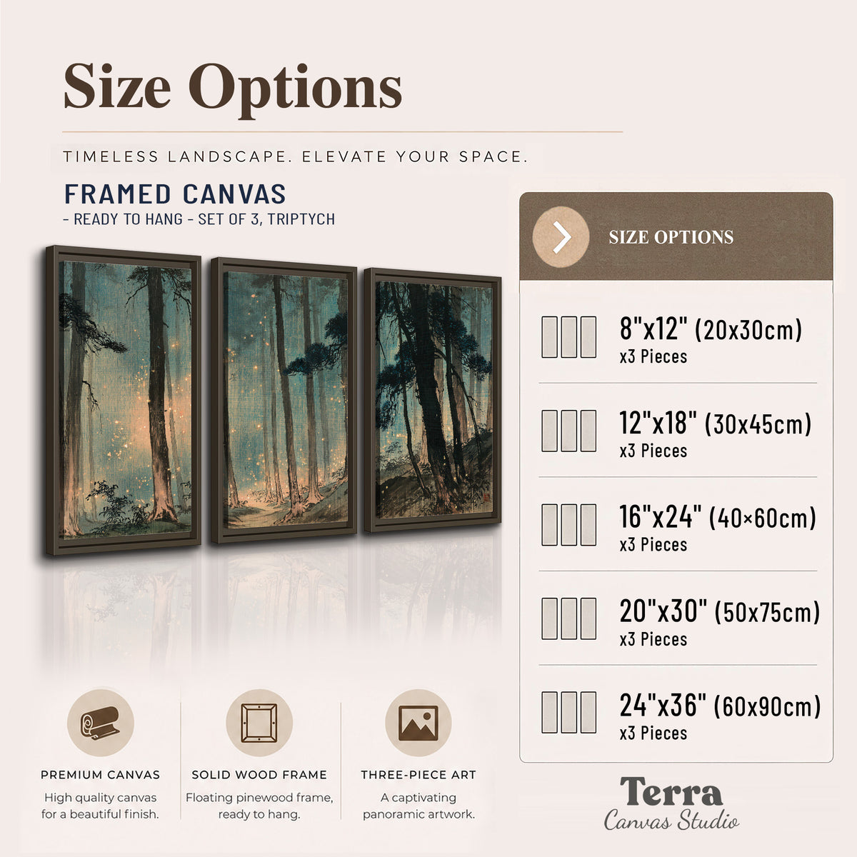 Warm shafts of light falling between tall dark pine trees in a misty green forest 3 piece framed canvas wall art available dimensions; triptych dimensions are per panel