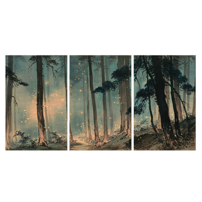 Warm shafts of light falling between tall dark pine trees in a misty green forest set of 3 poster prints viewed straight on