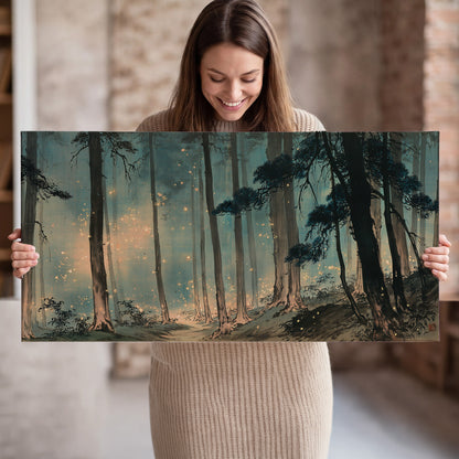 Warm shafts of light falling between tall dark pine trees in a misty green forest single canvas wall art held in hands