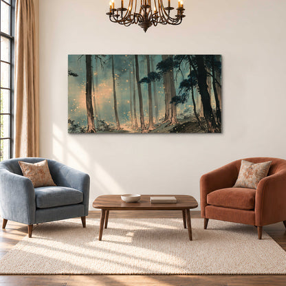 Warm shafts of light falling between tall dark pine trees in a misty green forest single canvas wall art styled in an interior