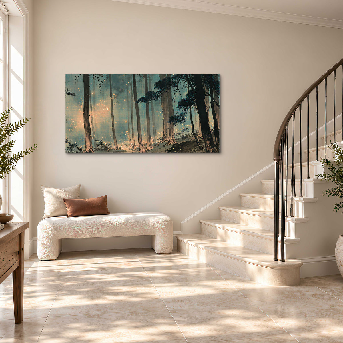 Warm shafts of light falling between tall dark pine trees in a misty green forest single canvas wall art styled in an interior