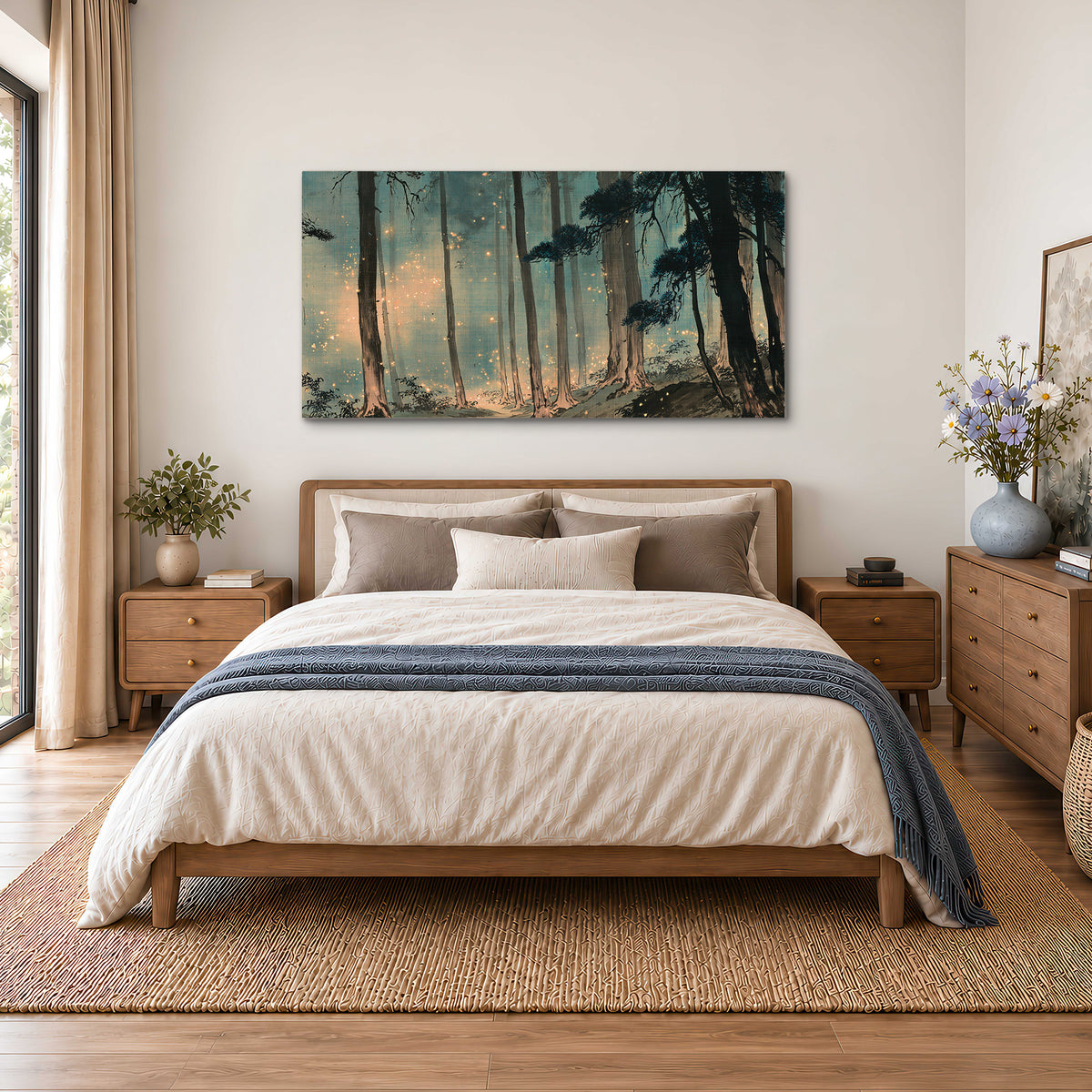 Warm shafts of light falling between tall dark pine trees in a misty green forest single canvas wall art styled in an interior