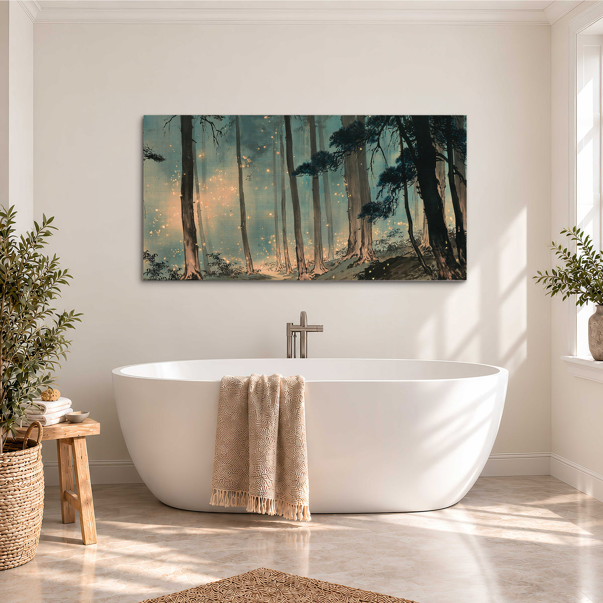 Warm shafts of light falling between tall dark pine trees in a misty green forest single canvas wall art styled in an interior
