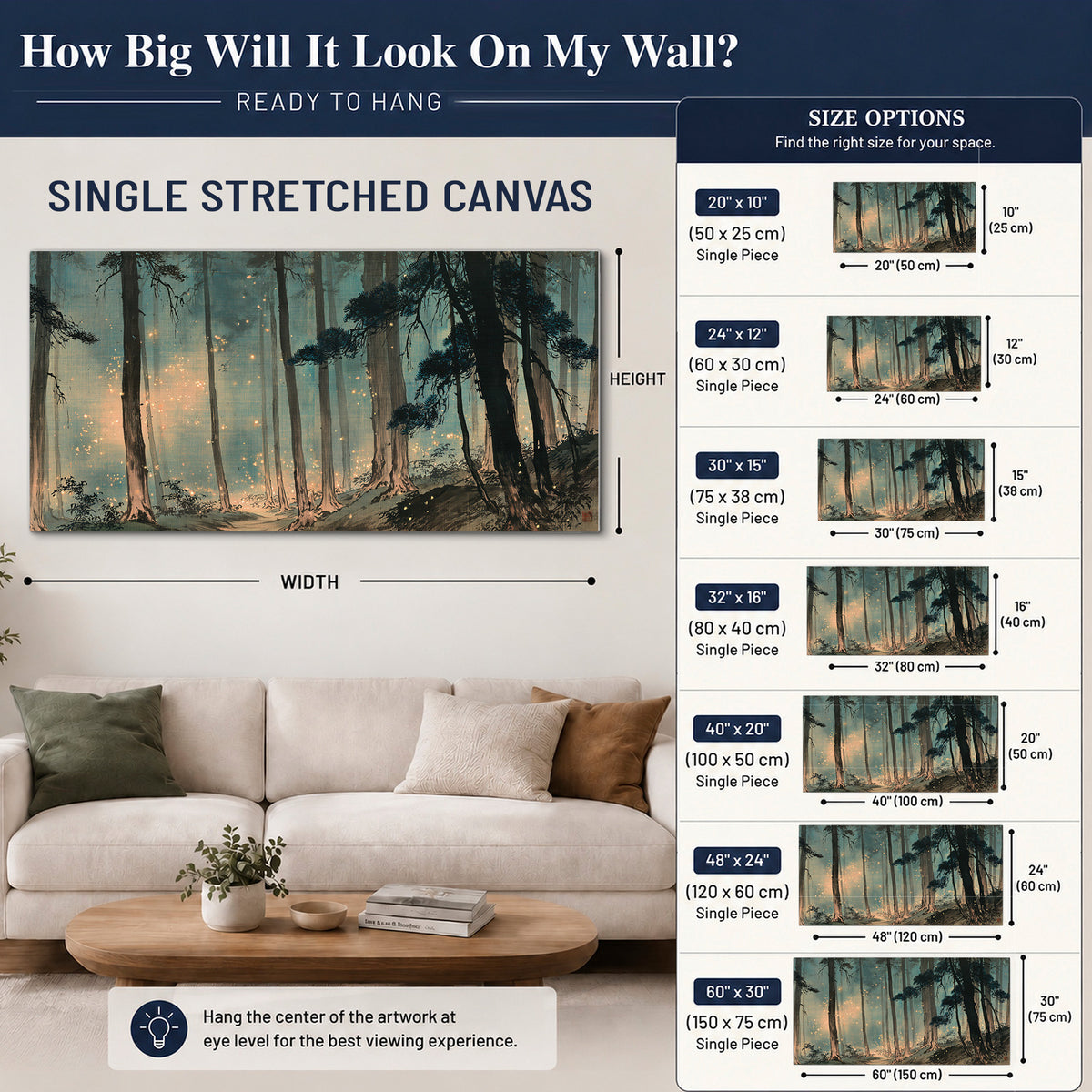 Warm shafts of light falling between tall dark pine trees in a misty green forest single canvas wall art size guide above a sofa; room view is illustrative