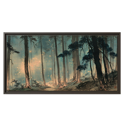 Warm shafts of light falling between tall dark pine trees in a misty green forest single framed canvas wall art viewed straight on