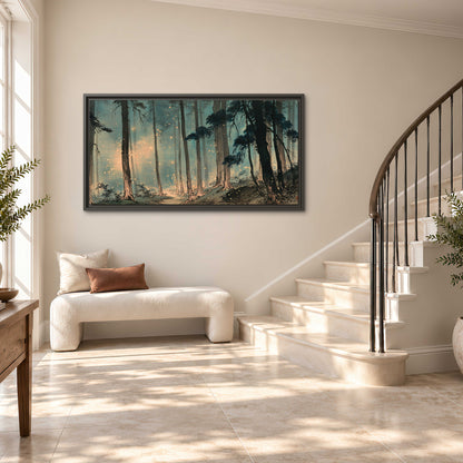 Warm shafts of light falling between tall dark pine trees in a misty green forest single framed canvas wall art styled in an interior