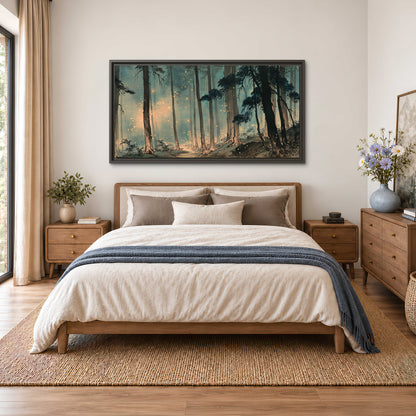 Warm shafts of light falling between tall dark pine trees in a misty green forest single framed canvas wall art styled in an interior