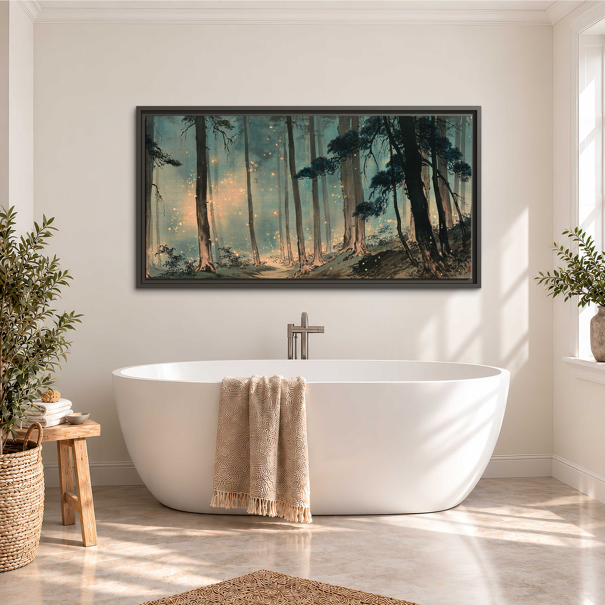 Warm shafts of light falling between tall dark pine trees in a misty green forest single framed canvas wall art styled in an interior