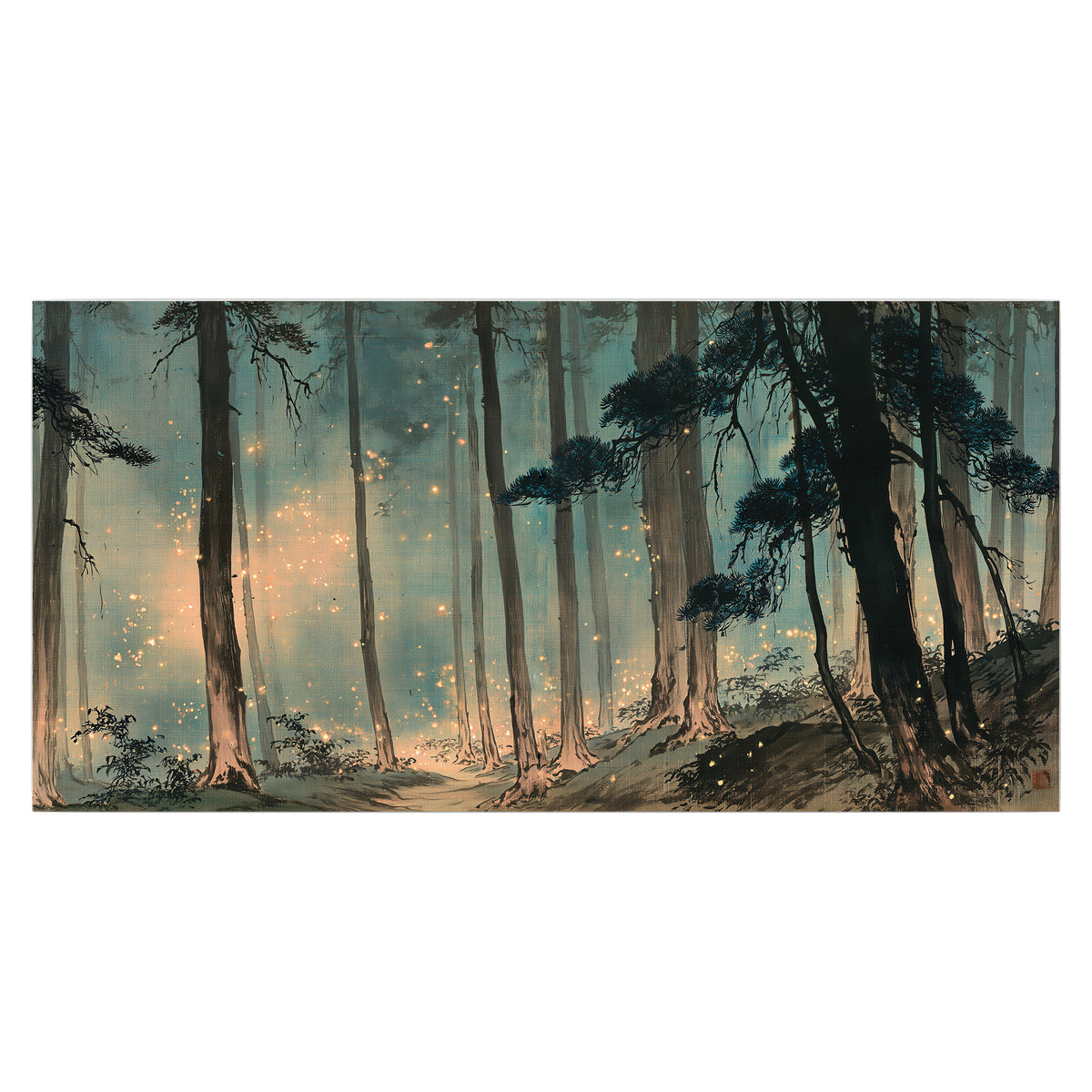 Warm shafts of light falling between tall dark pine trees in a misty green forest single poster print viewed straight on