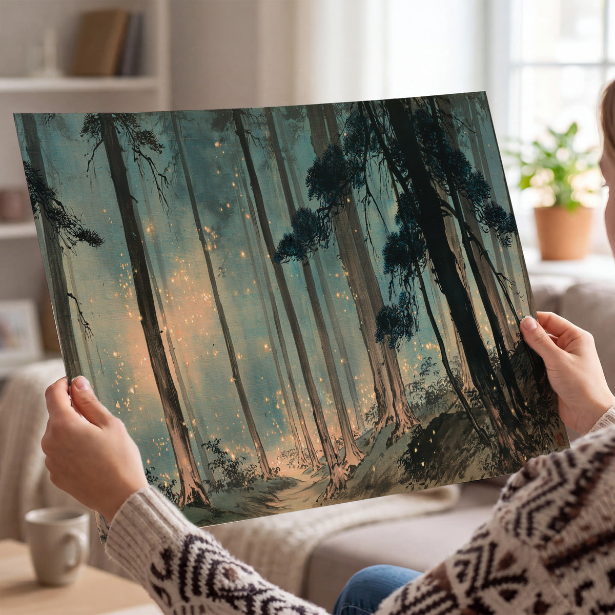 Warm shafts of light falling between tall dark pine trees in a misty green forest single poster print held in hands