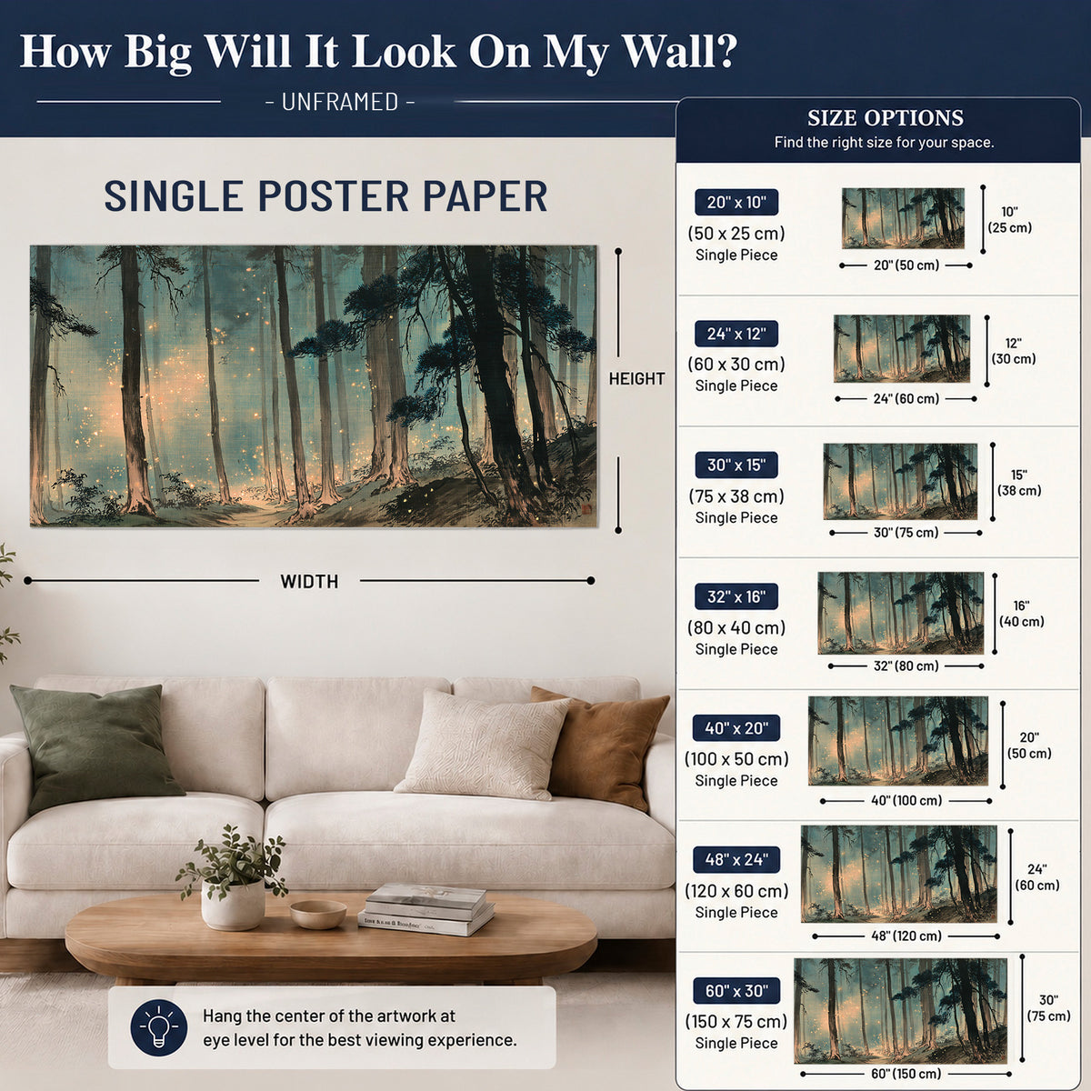 Warm shafts of light falling between tall dark pine trees in a misty green forest single poster print size guide above a sofa; room view is illustrative