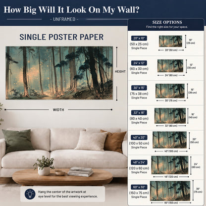 Warm shafts of light falling between tall dark pine trees in a misty green forest single poster print size guide above a sofa; room view is illustrative