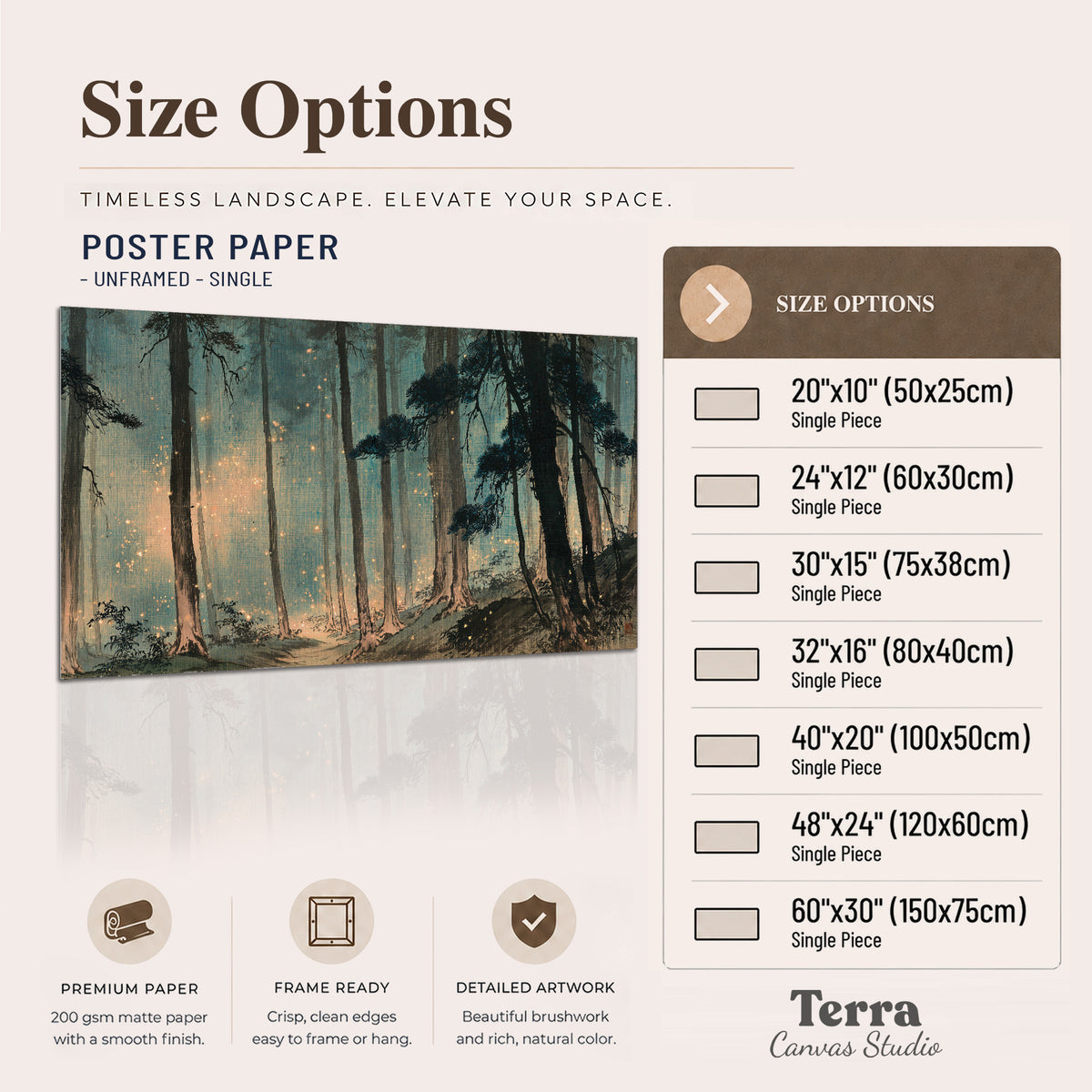 Warm shafts of light falling between tall dark pine trees in a misty green forest single poster print available dimensions