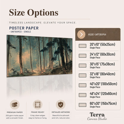 Warm shafts of light falling between tall dark pine trees in a misty green forest single poster print available dimensions