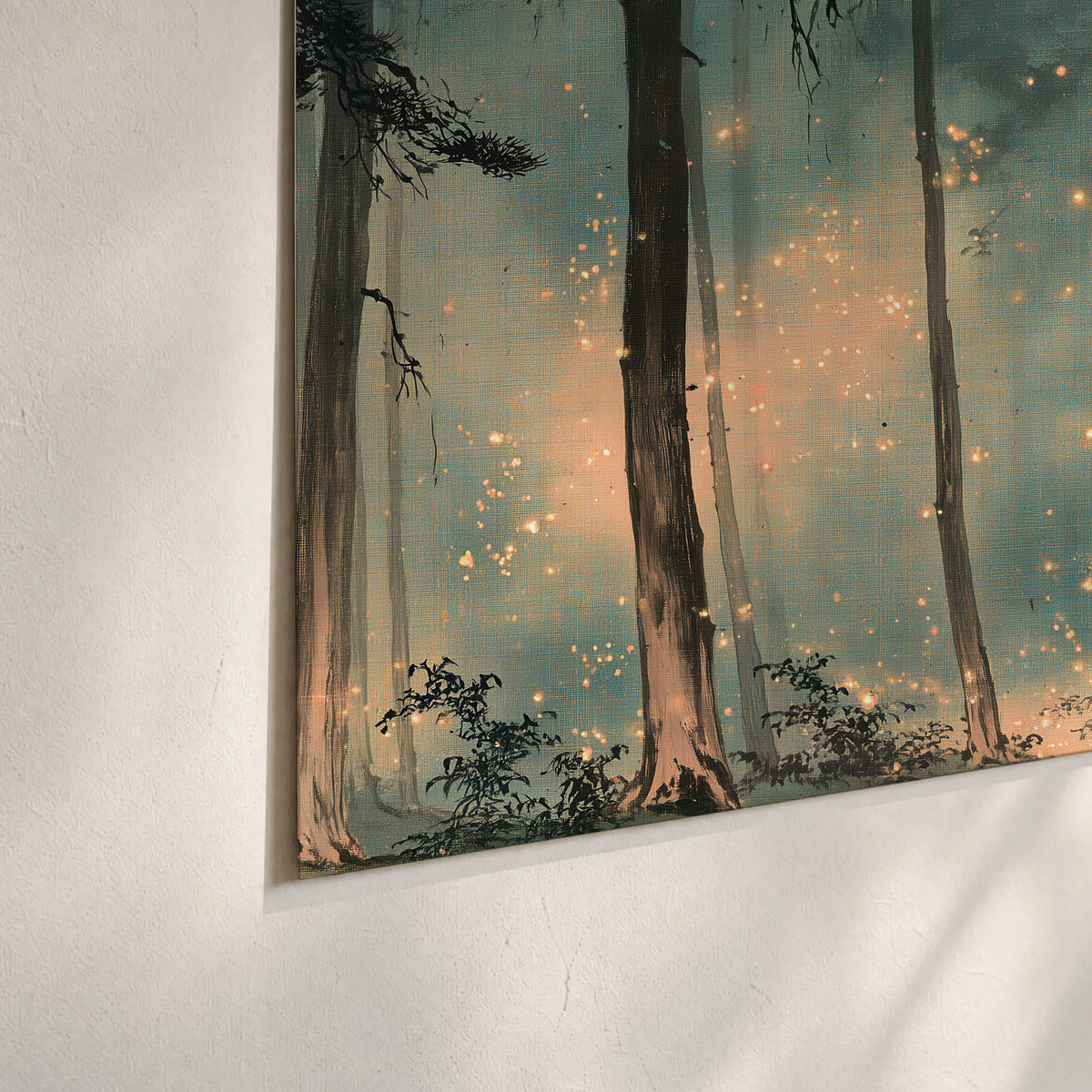 Warm shafts of light falling between tall dark pine trees in a misty green forest set of 3 poster prints material and edge close up
