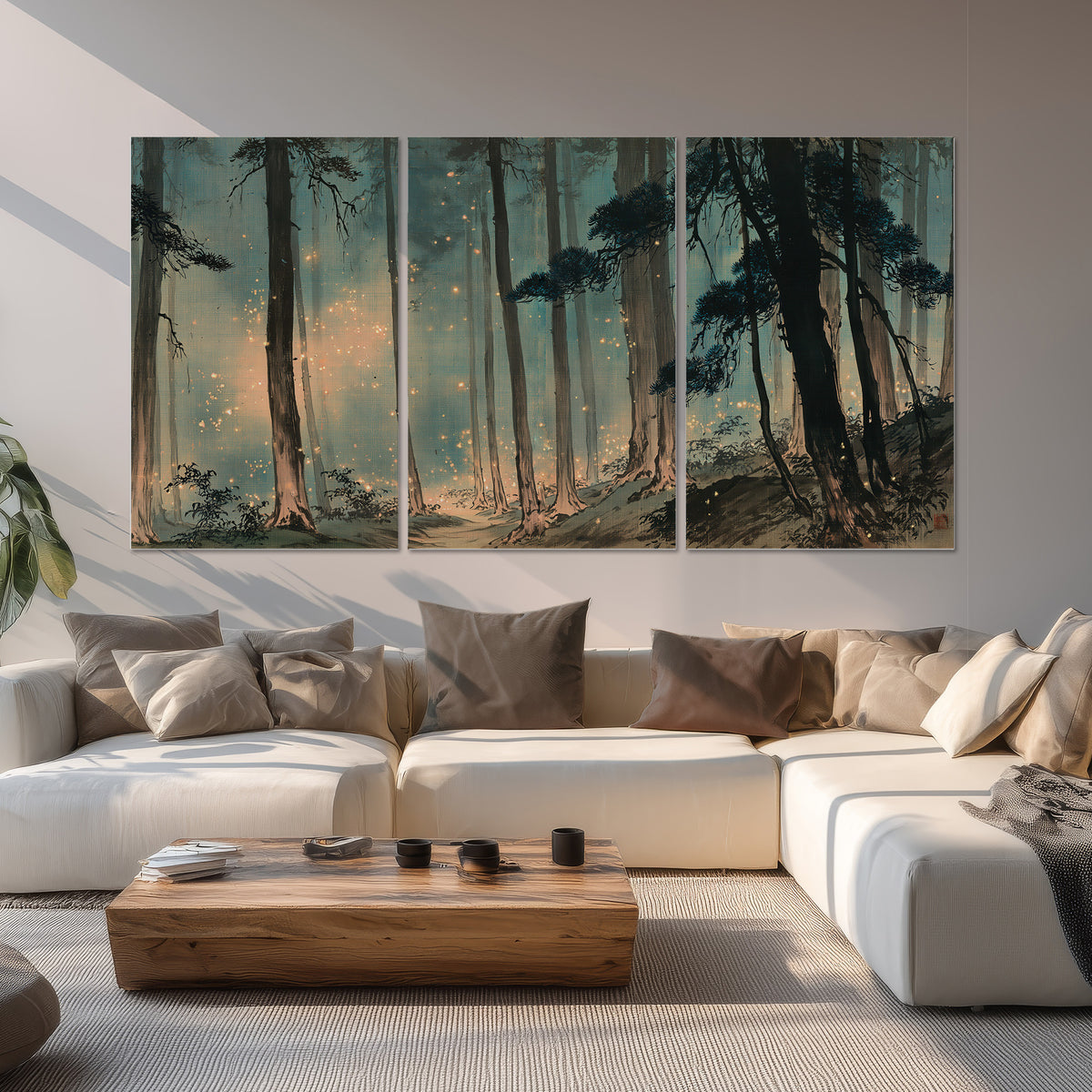 Warm shafts of light falling between tall dark pine trees in a misty green forest set of 3 poster prints displayed in a living room