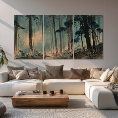 Warm shafts of light falling between tall dark pine trees in a misty green forest set of 3 poster prints displayed in a living room