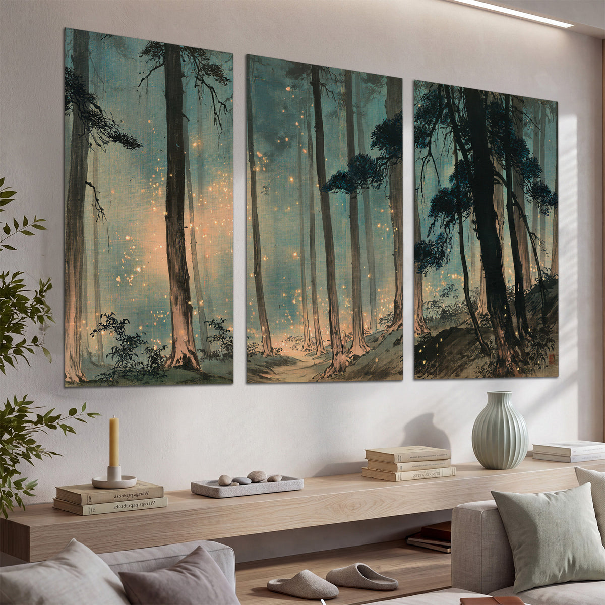 Warm shafts of light falling between tall dark pine trees in a misty green forest set of 3 poster prints displayed in a console