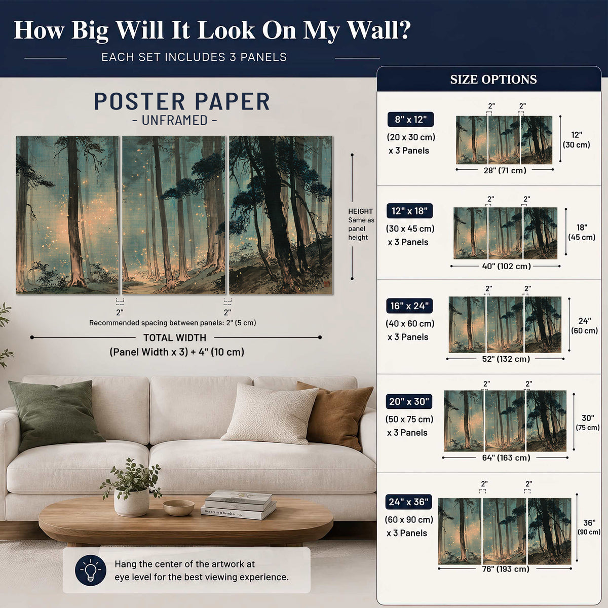 Warm shafts of light falling between tall dark pine trees in a misty green forest set of 3 poster prints size guide above a sofa; room view is illustrative