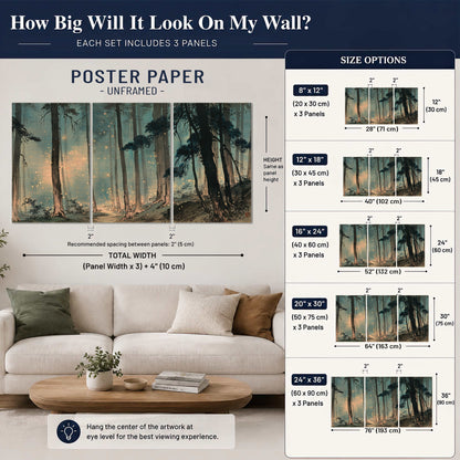 Warm shafts of light falling between tall dark pine trees in a misty green forest set of 3 poster prints size guide above a sofa; room view is illustrative