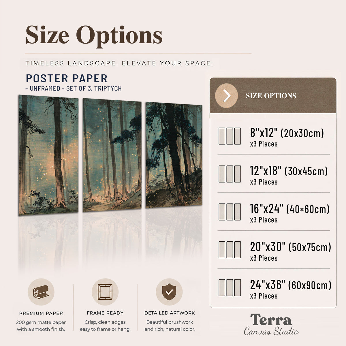 Warm shafts of light falling between tall dark pine trees in a misty green forest set of 3 poster prints available dimensions; triptych dimensions are per panel