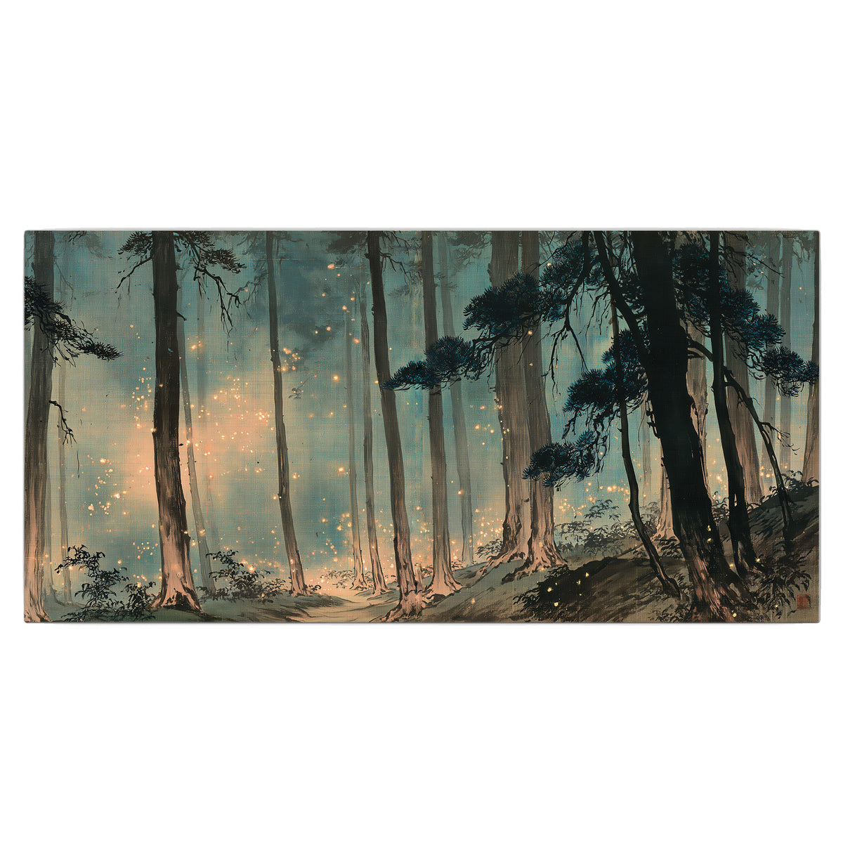Warm shafts of light falling between tall dark pine trees in a misty green forest single canvas wall art viewed straight on