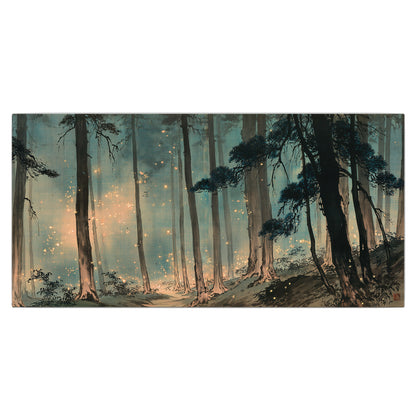 Warm shafts of light falling between tall dark pine trees in a misty green forest single canvas wall art viewed straight on