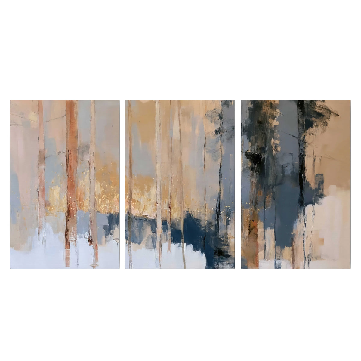 Vertical strokes of cream, blue and ochre suggesting a quiet woodland 3 piece canvas wall art viewed straight on