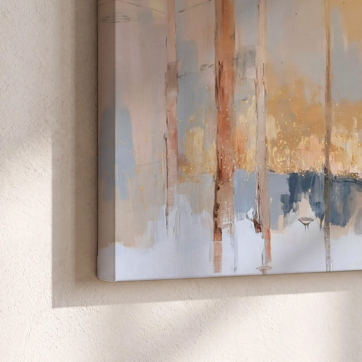 Vertical strokes of cream, blue and ochre suggesting a quiet woodland 3 piece canvas wall art material and edge close up