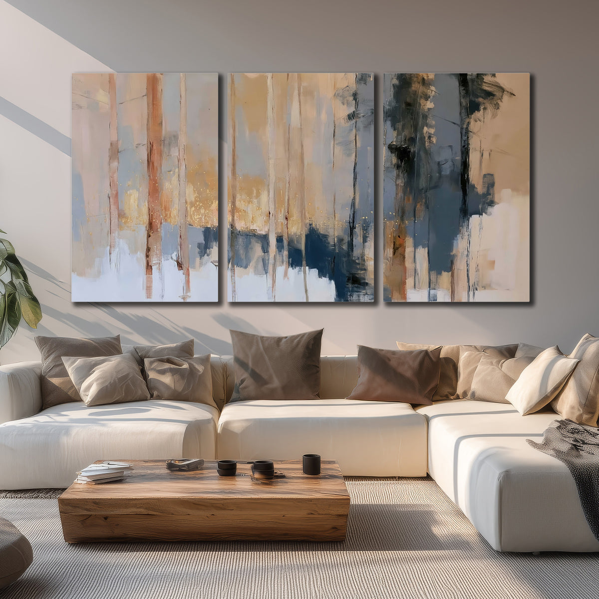 Vertical strokes of cream, blue and ochre suggesting a quiet woodland 3 piece canvas wall art displayed in a living room