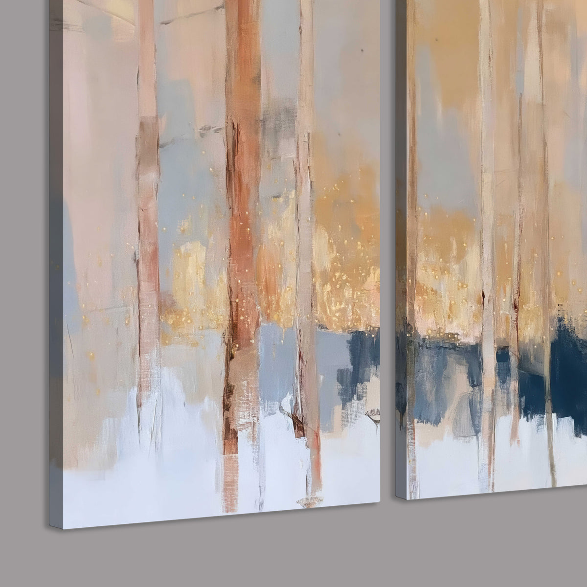 Vertical strokes of cream, blue and ochre suggesting a quiet woodland 3 piece canvas wall art room and product view