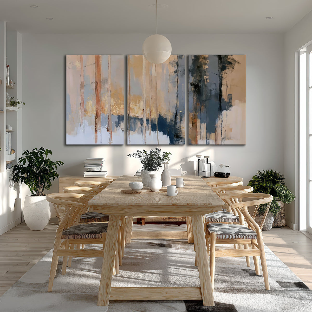 Vertical strokes of cream, blue and ochre suggesting a quiet woodland 3 piece canvas wall art room and product view