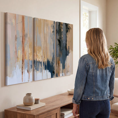 Vertical strokes of cream, blue and ochre suggesting a quiet woodland 3 piece canvas wall art three panel arrangement on a wall