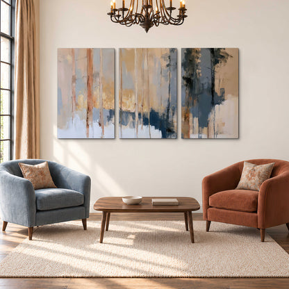 Vertical strokes of cream, blue and ochre suggesting a quiet woodland 3 piece canvas wall art styled in an interior