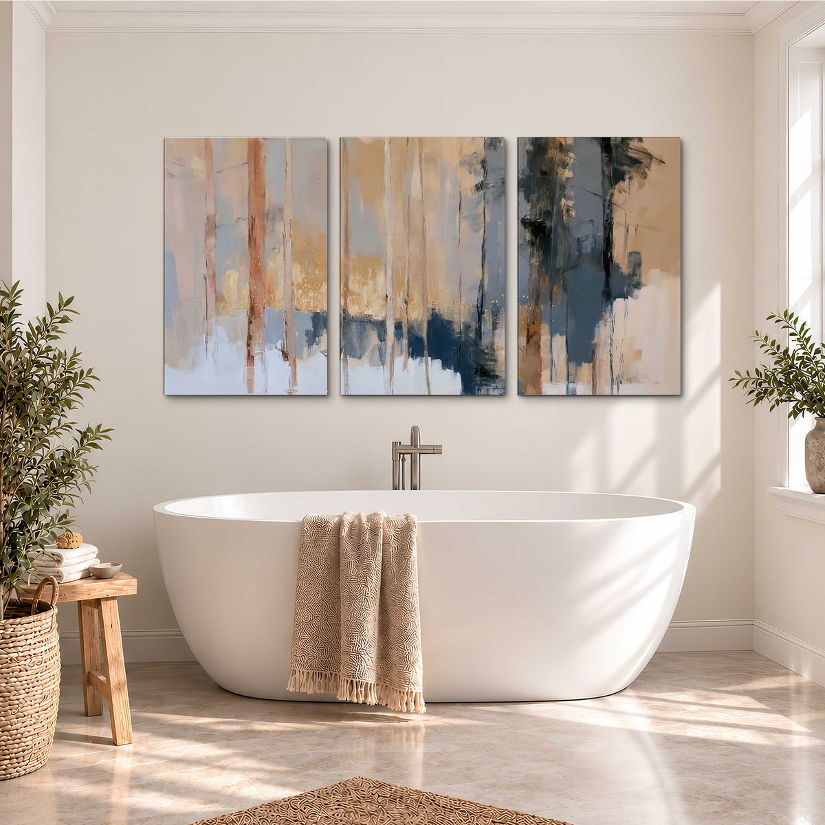 Vertical strokes of cream, blue and ochre suggesting a quiet woodland 3 piece canvas wall art styled in an interior