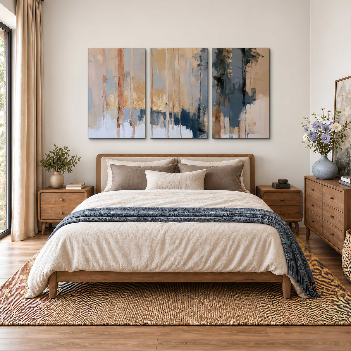 Vertical strokes of cream, blue and ochre suggesting a quiet woodland 3 piece canvas wall art styled in an interior