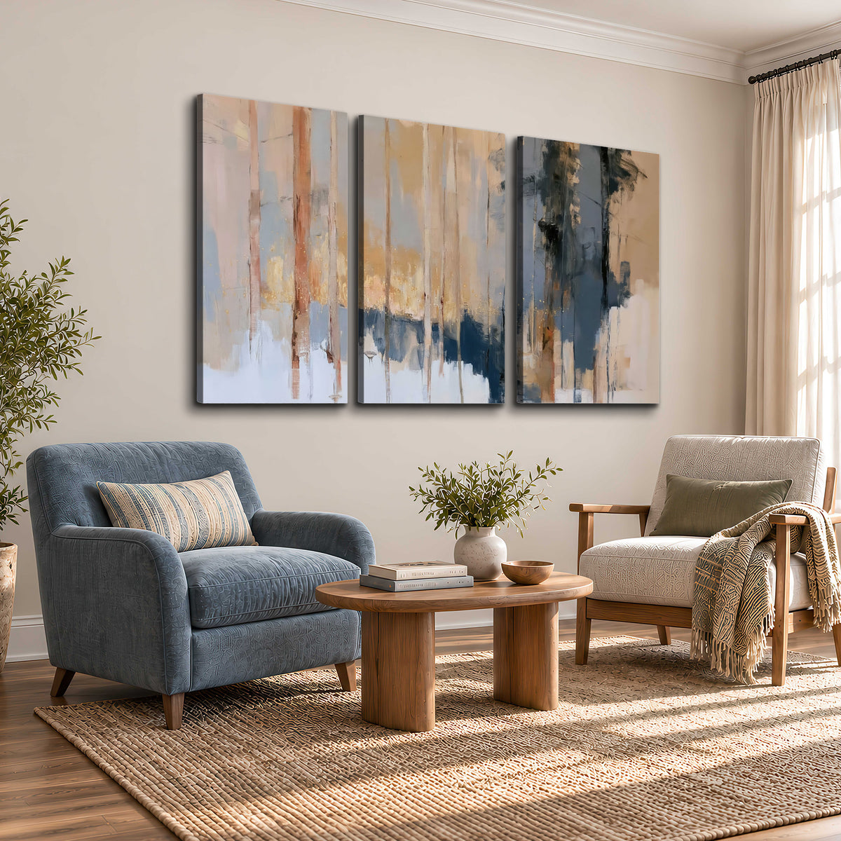 Vertical strokes of cream, blue and ochre suggesting a quiet woodland 3 piece canvas wall art styled in an interior