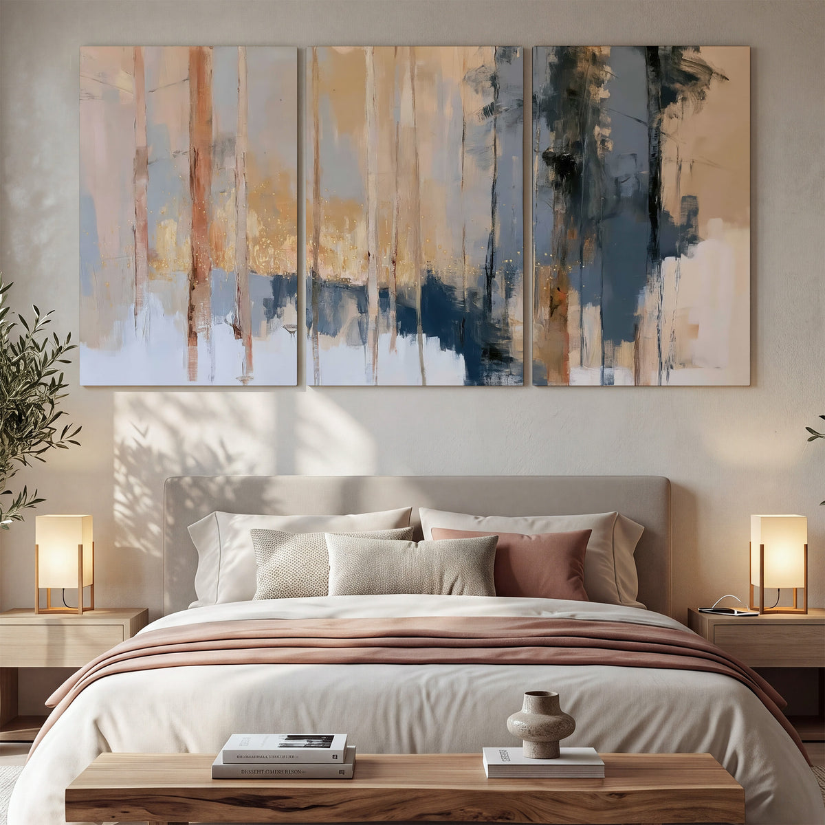 Vertical strokes of cream, blue and ochre suggesting a quiet woodland 3 piece canvas wall art displayed in a bedroom