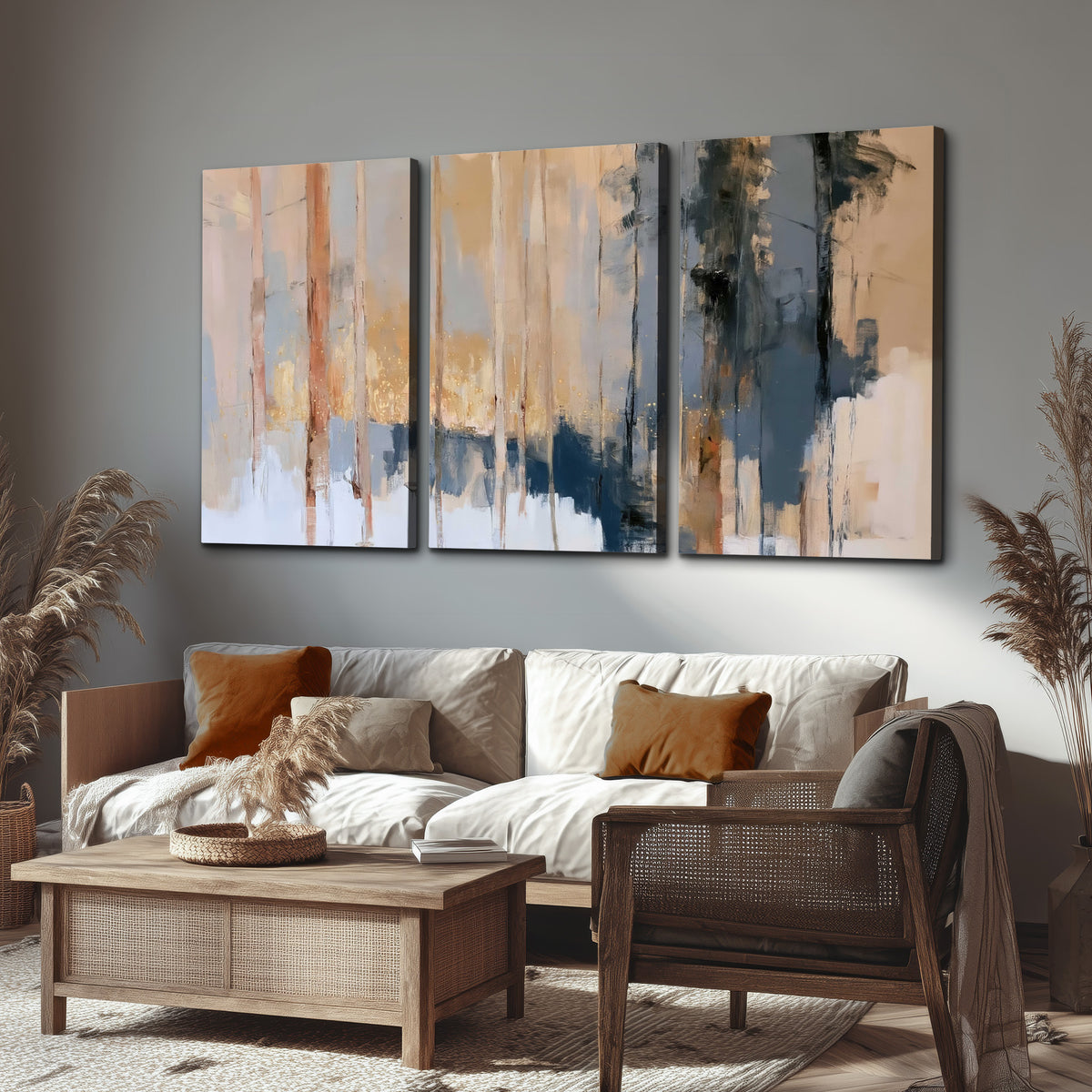 Vertical strokes of cream, blue and ochre suggesting a quiet woodland 3 piece canvas wall art displayed in a rustic living room