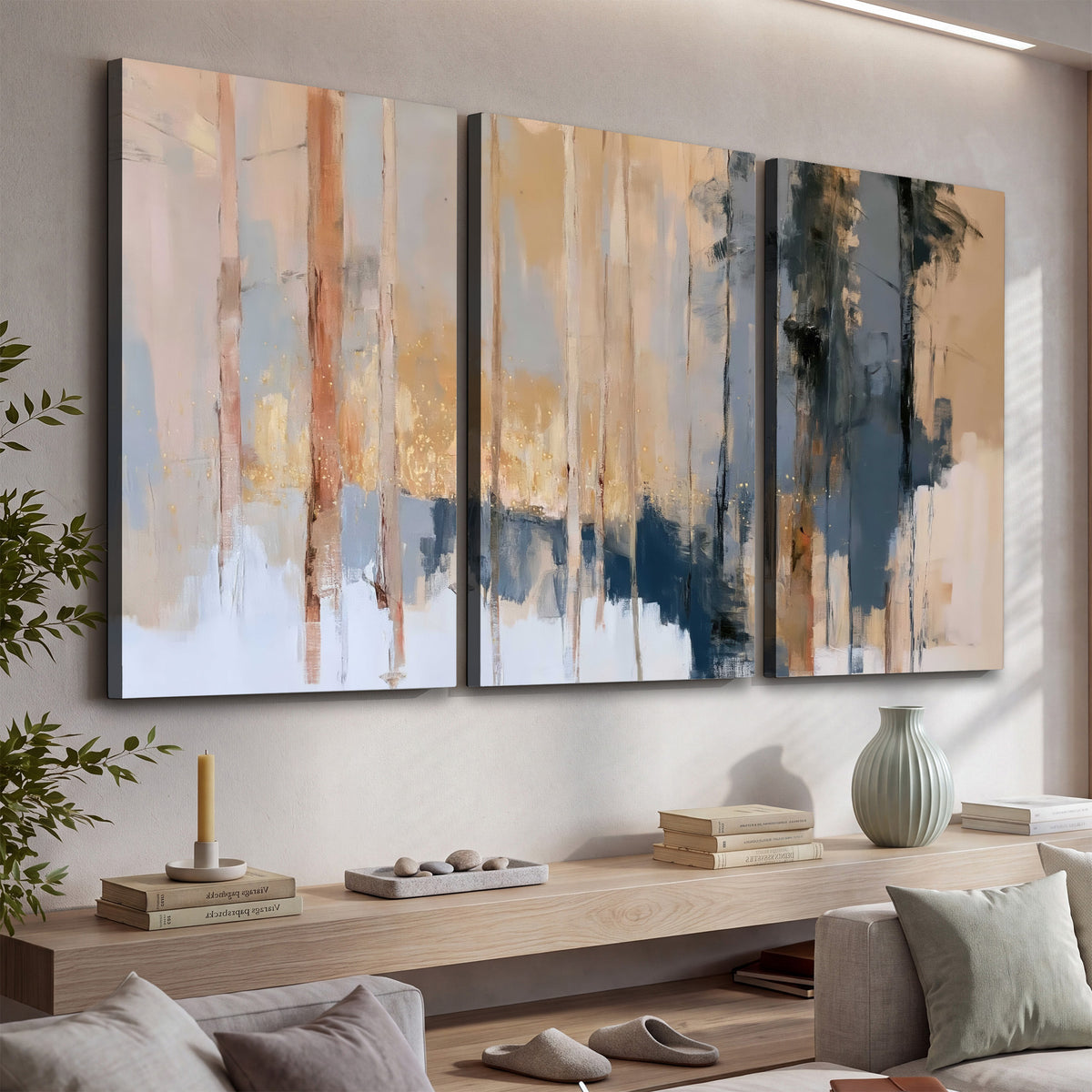 Vertical strokes of cream, blue and ochre suggesting a quiet woodland 3 piece canvas wall art displayed in a console