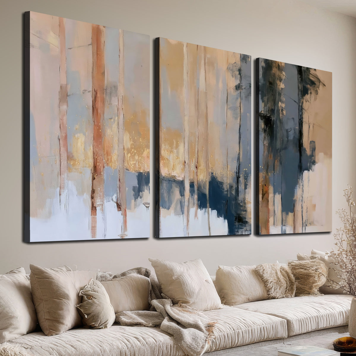 Vertical strokes of cream, blue and ochre suggesting a quiet woodland 3 piece canvas wall art room and product view