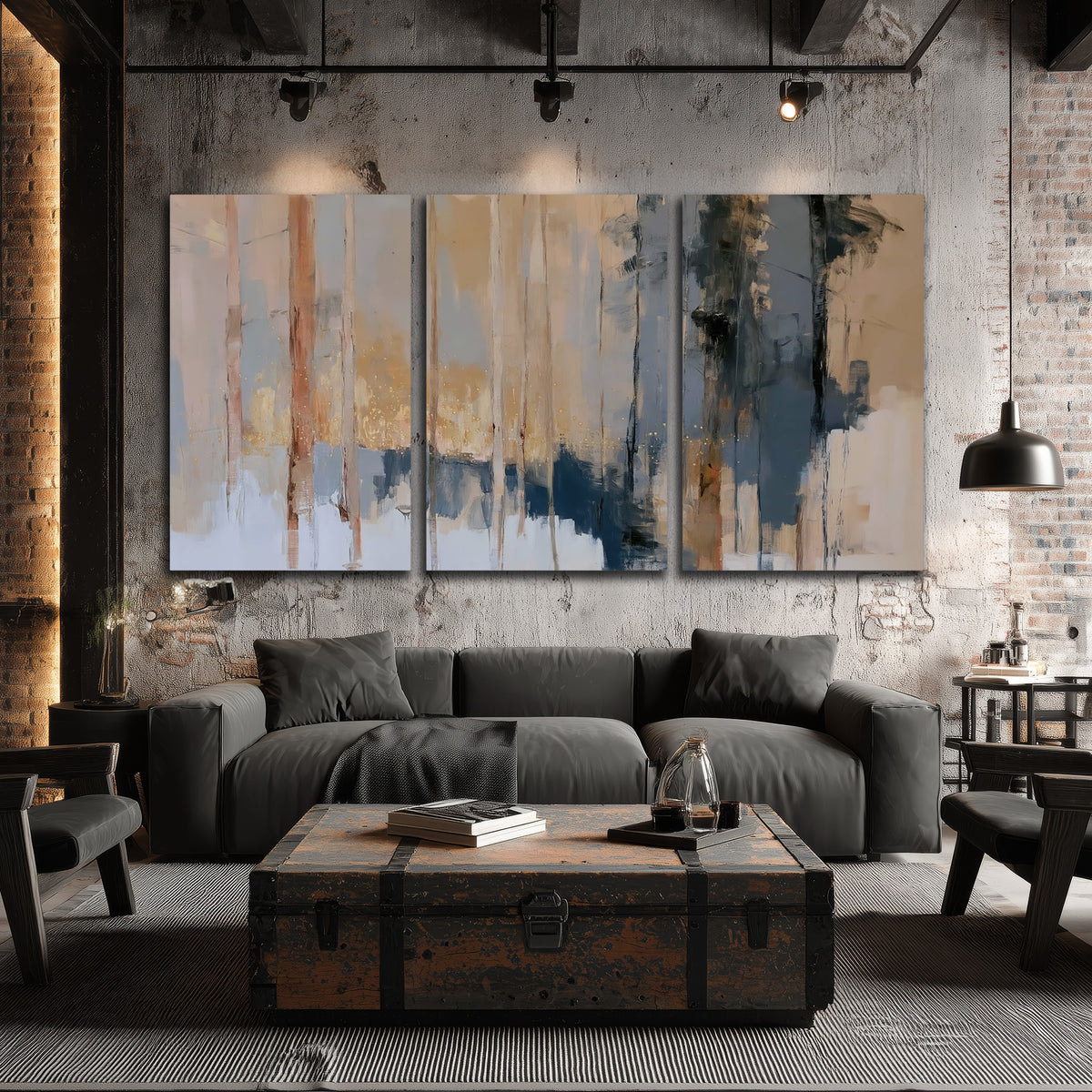 Vertical strokes of cream, blue and ochre suggesting a quiet woodland 3 piece canvas wall art displayed in a industrial room